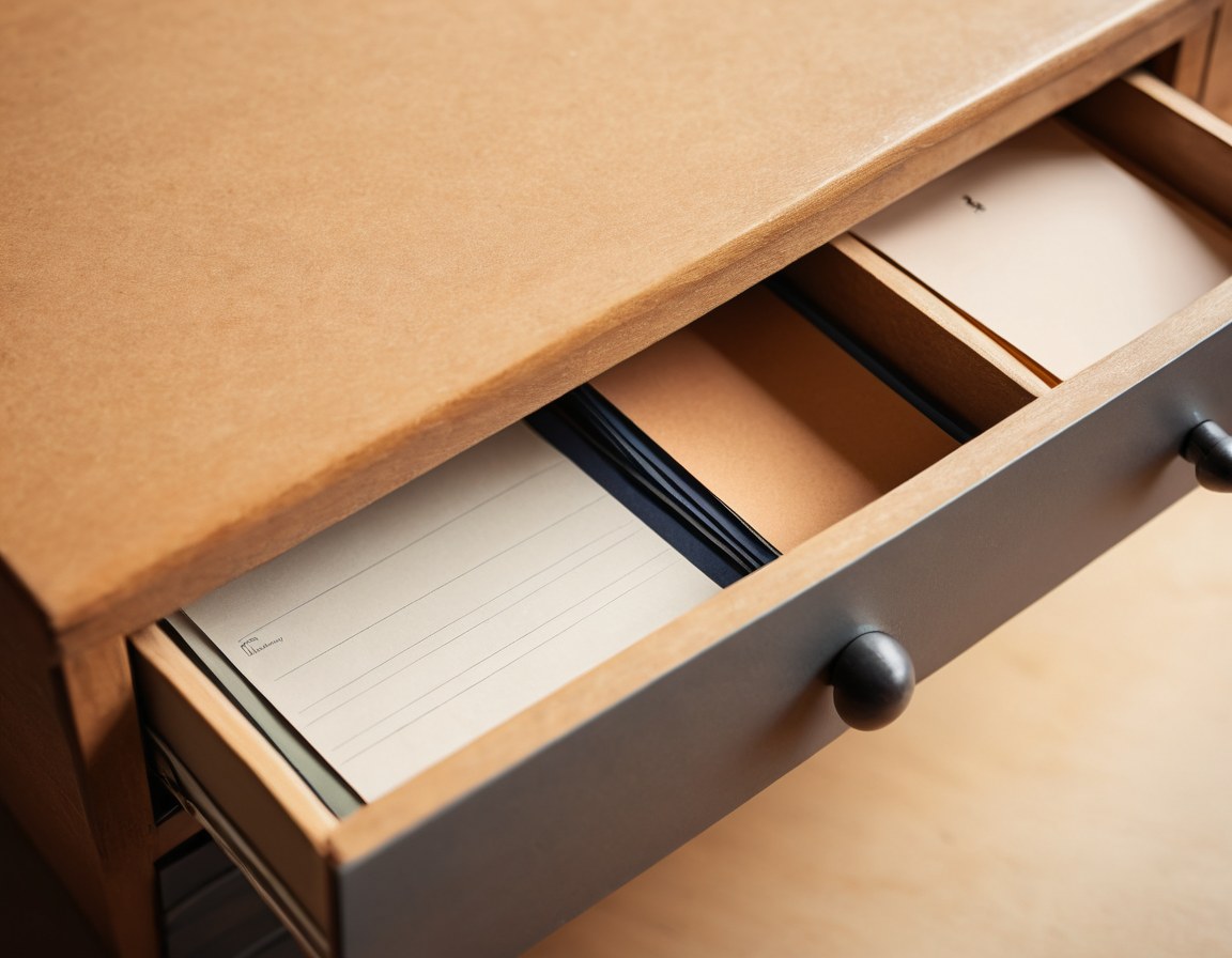 Cajón de archivero antiguo abierto, con tarjetas de índice en blanco bajo luz suave