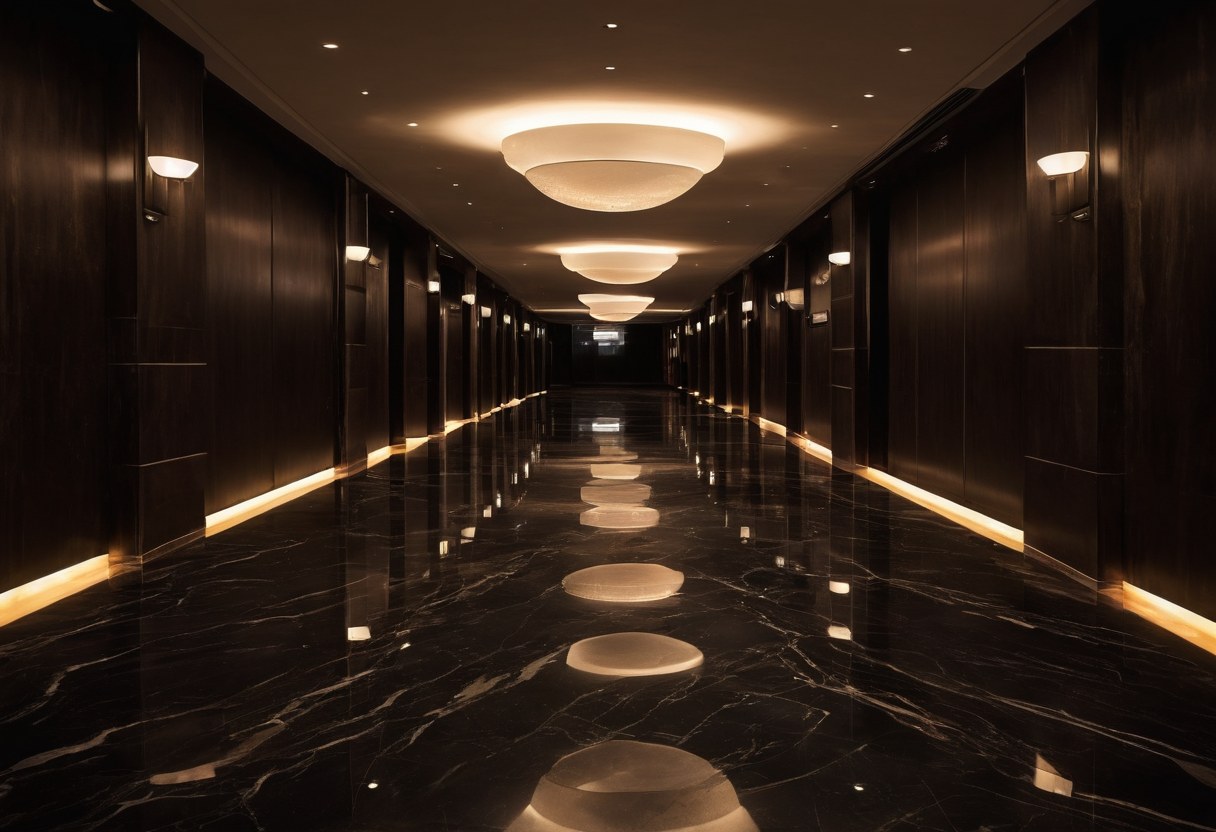 Pasillo de un vestíbulo de hotel vacío de noche, con piso pulido y luces cálidas