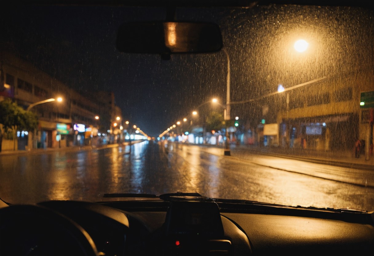 Esquina de una calle de noche vista desde un auto estacionado, con lluvia sobre el parabrisas