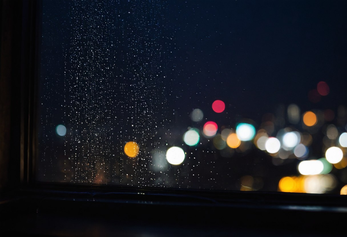 Ventanal con gotas de lluvia de noche y las luces de la ciudad desenfocadas al fondo