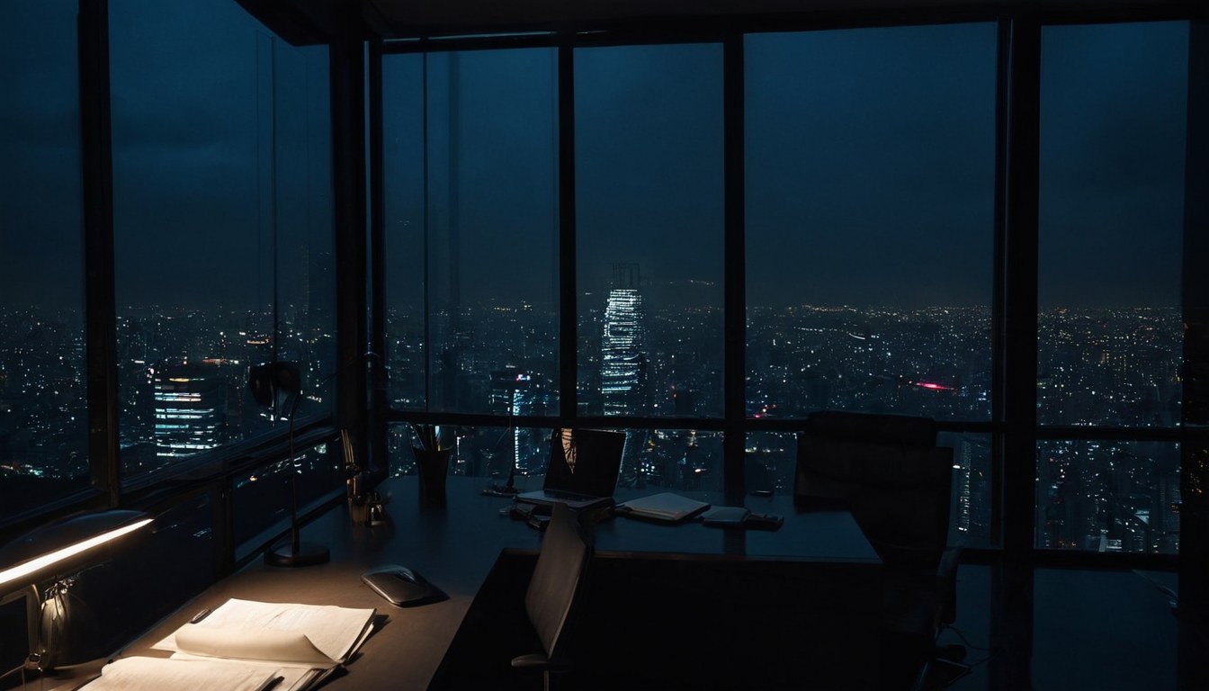 Oficina en alto vacía de noche, con la lluvia sobre los ventanales y las luces de la ciudad al fondo