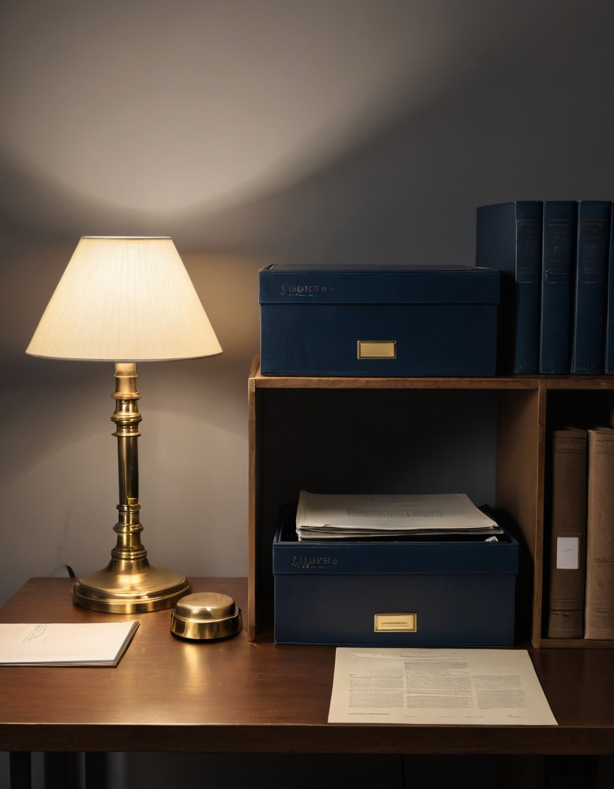 Estante de archivo con cajas de documentos sin etiqueta y una lámpara de latón encendida