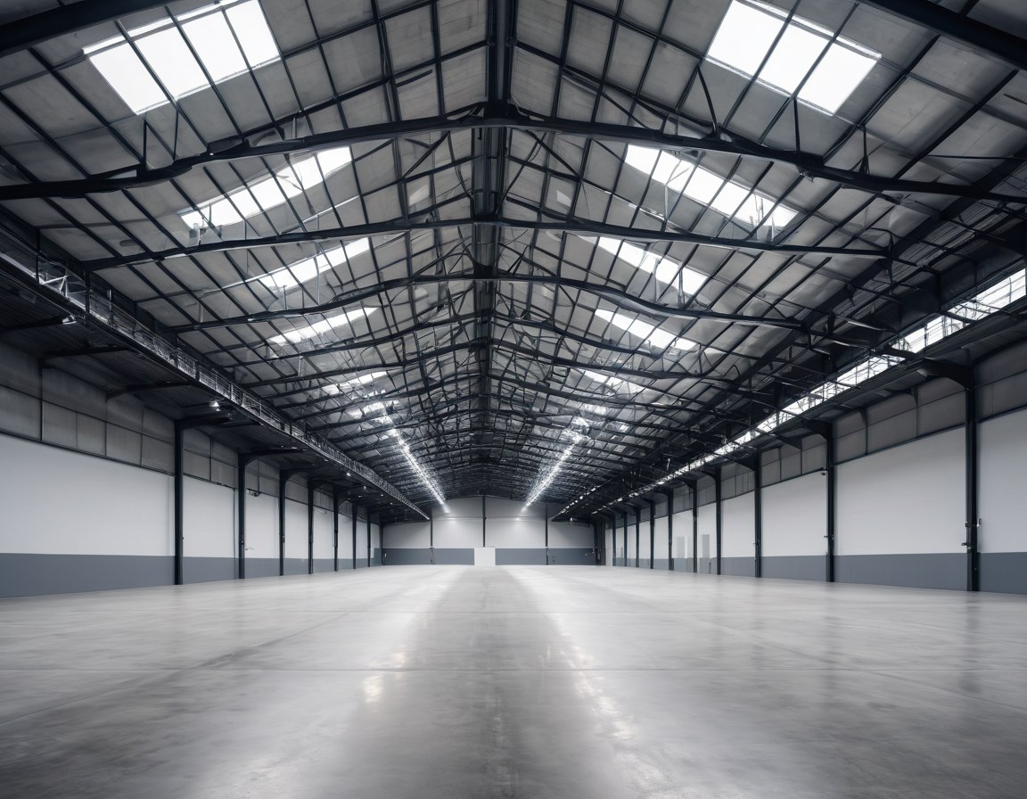 Firme de concreto pulido de una nave industrial bajo estructura de acero
