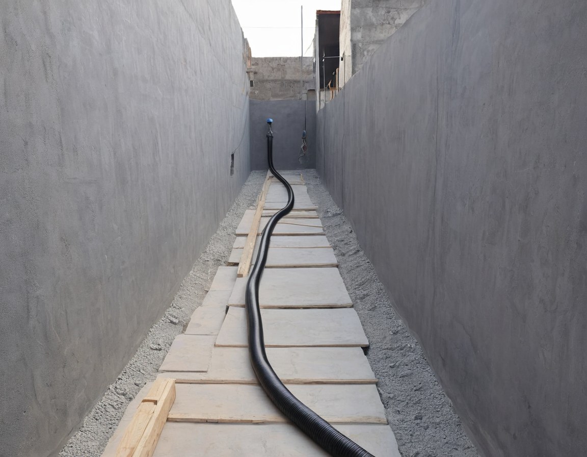 Colado en un paso angosto entre dos construcciones con la manguera tendida por el hueco