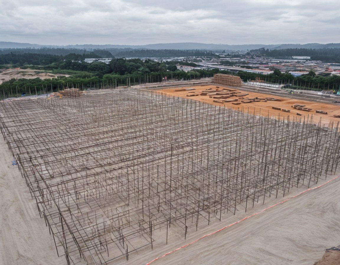 Zapatas y dados de concreto fresco vistos desde arriba en la retícula de un proyecto comercial