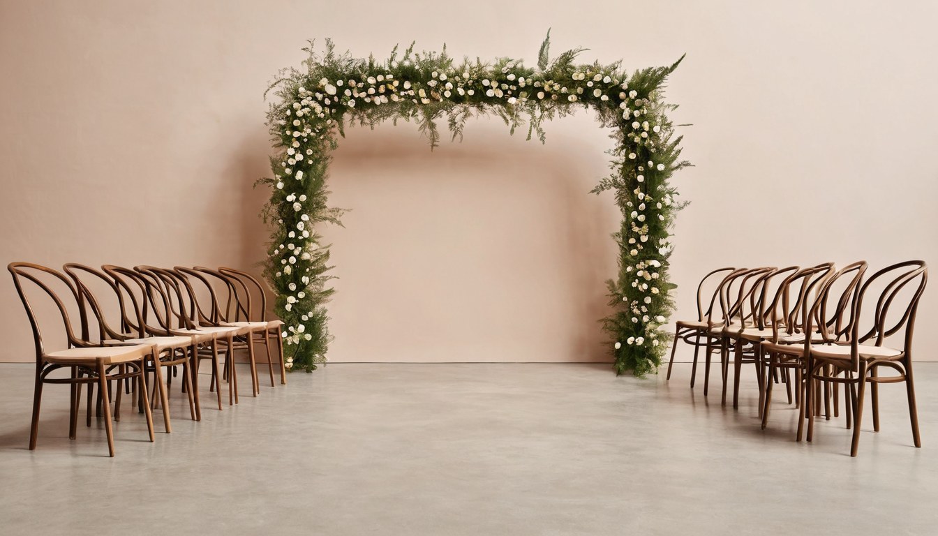 Arco de ceremonia cubierto de flores blancas y follaje con sillas de bejuco a los costados del pasillo