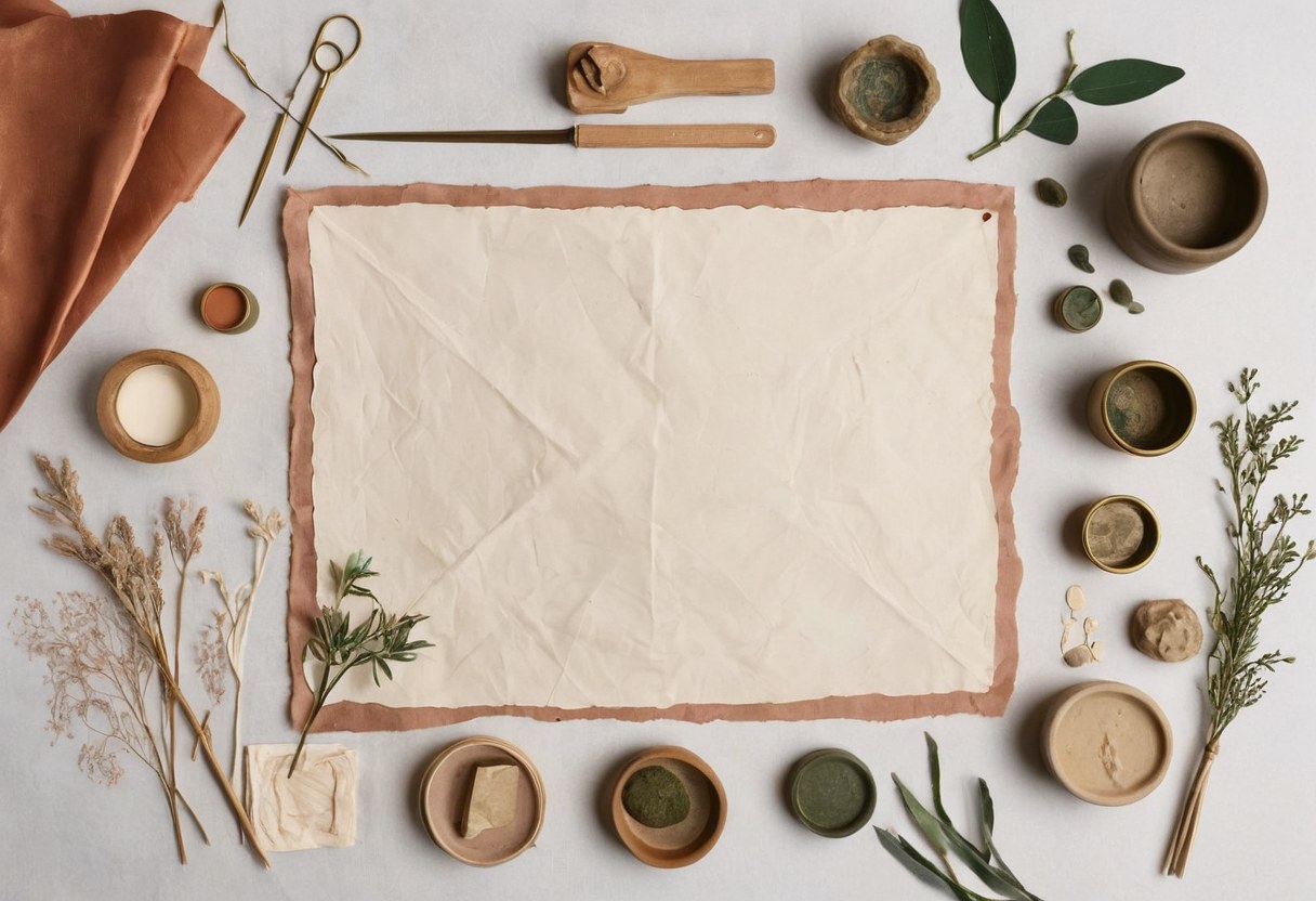 Materiales de diseño de boda sobre una mesa de yeso: listones de seda, papel hecho a mano sin marcas, muestras de cerámica y tallos secos