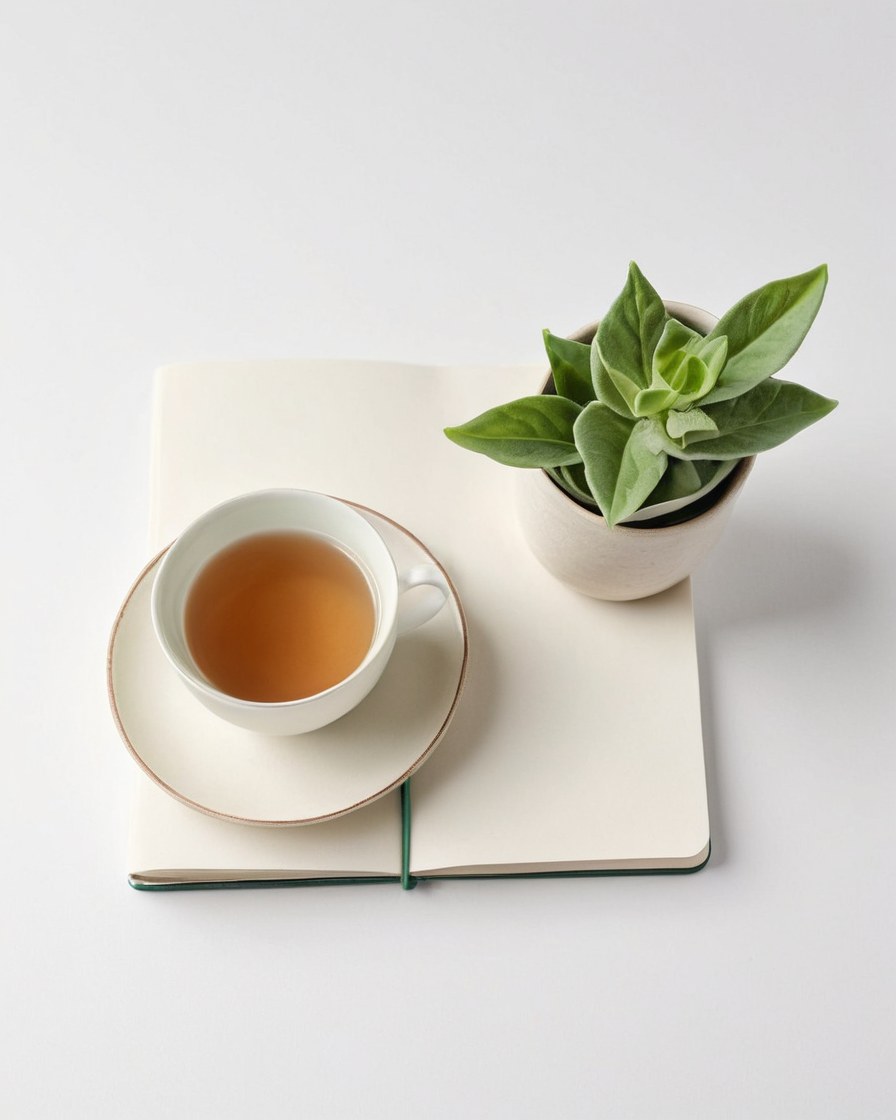 Rebozo doblado, taza de cerámica, rama verde y libreta en blanco sobre una mesa clara