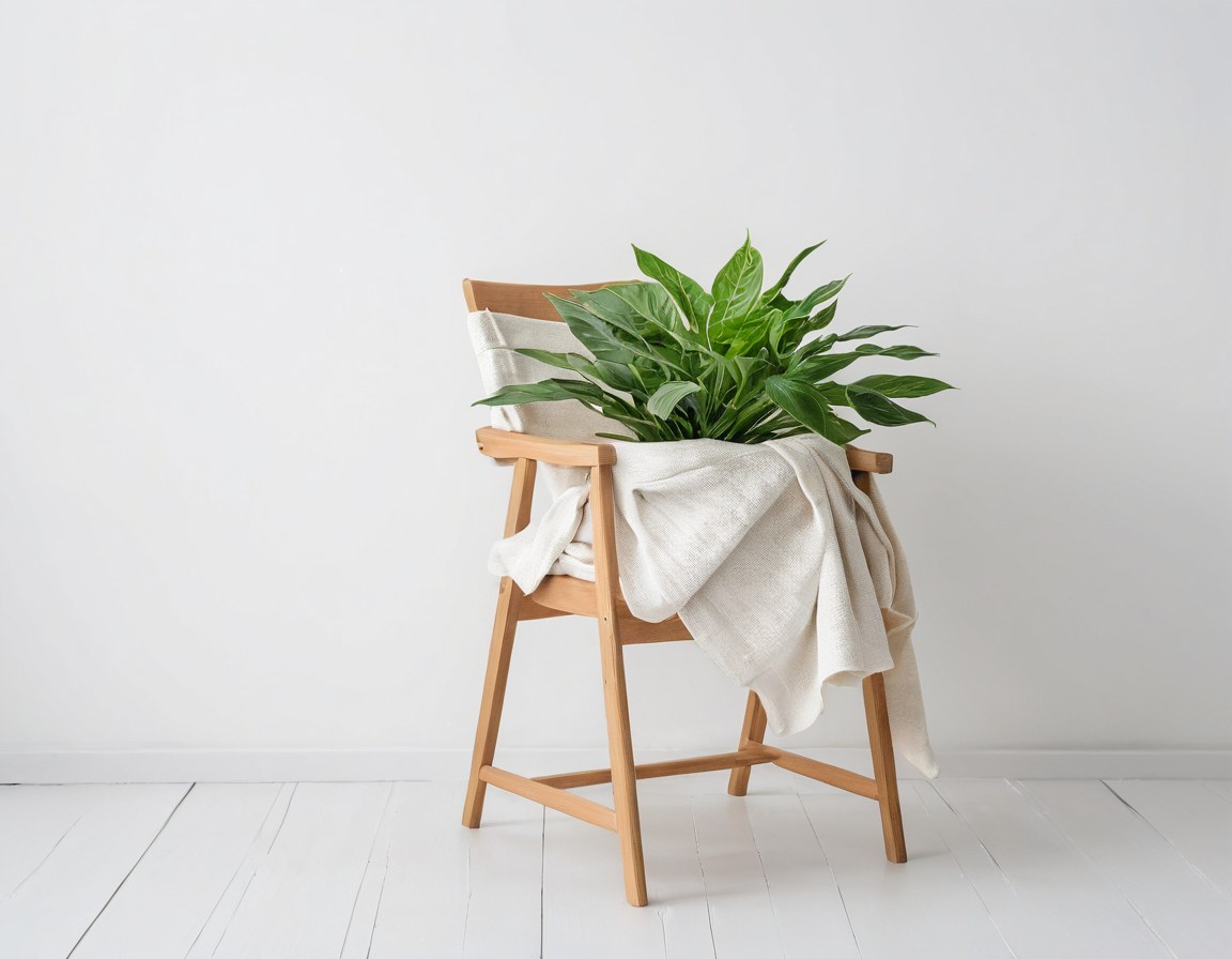 Rincón de casa en calma con una silla, un rebozo doblado y una planta