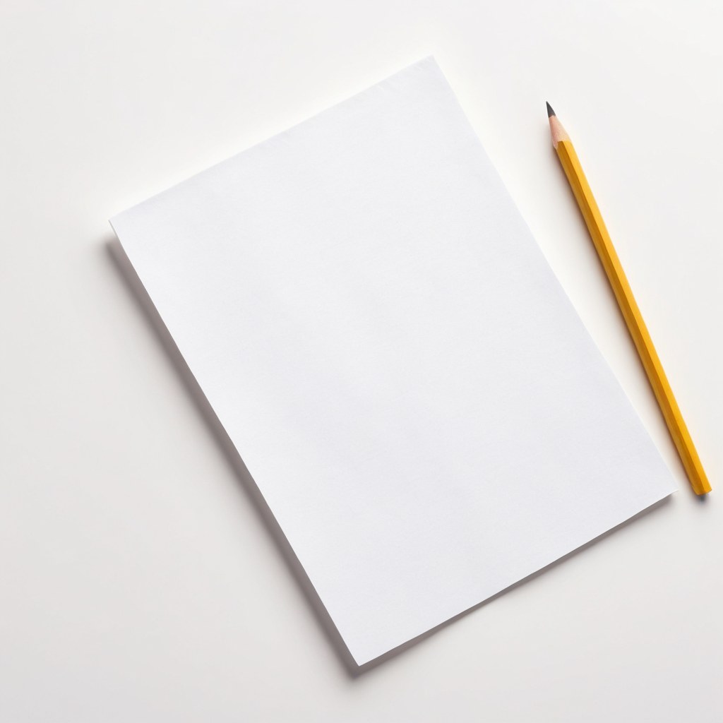 Hojas de papel en blanco y un lápiz sobre un escritorio claro