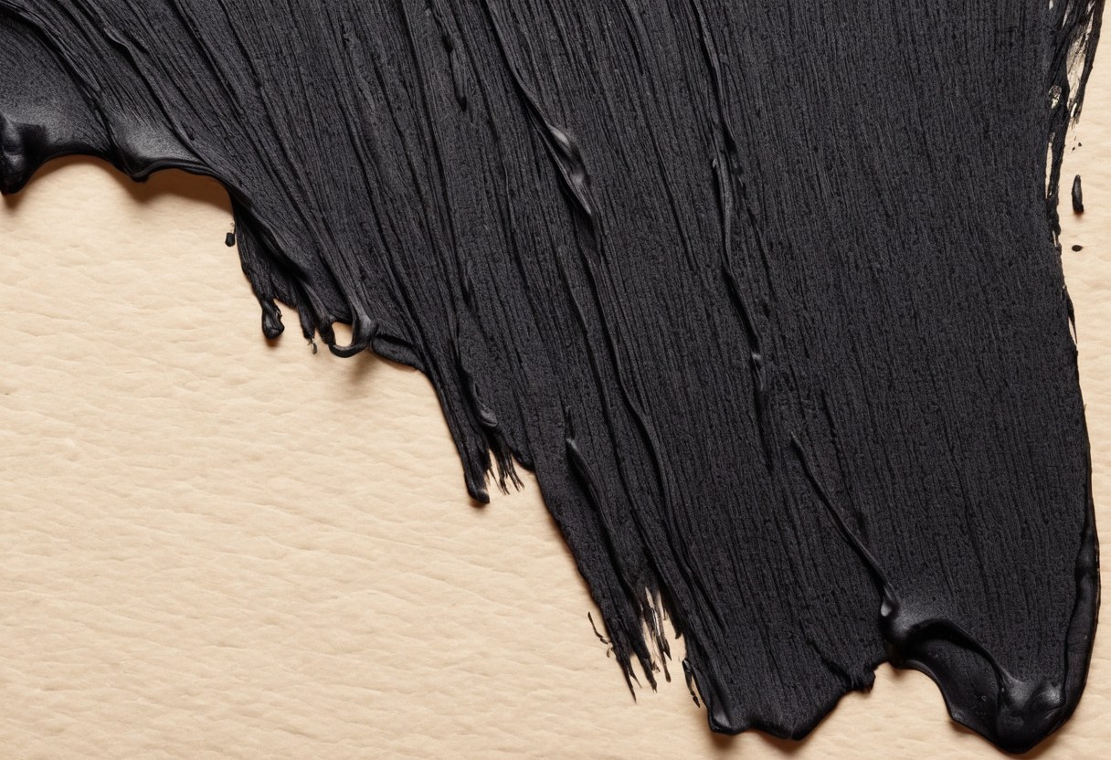Trazos anchos de tinta negra secando sobre papel hecho a mano