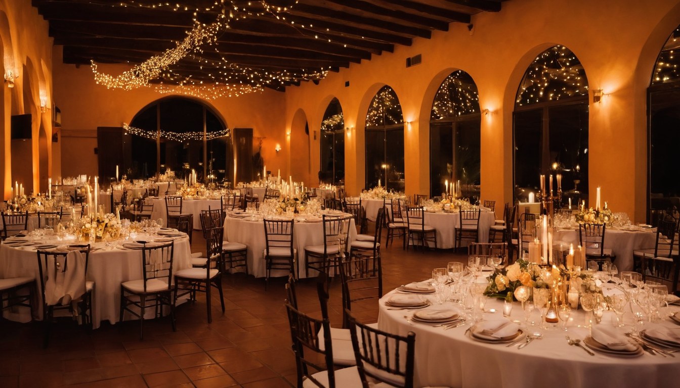 Recepción de evento con mesas vestidas y sillas Tiffany, iluminación cálida