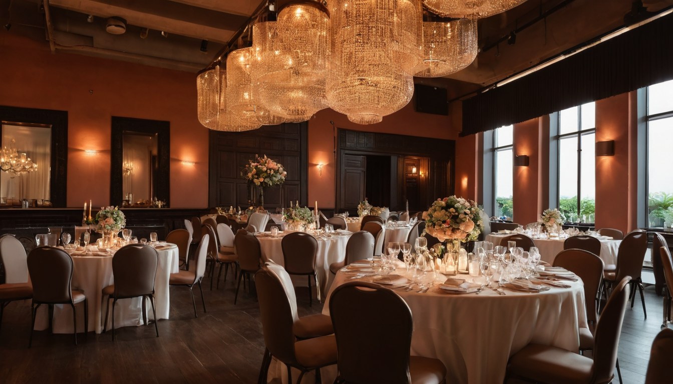 Recepción de evento con mesas vestidas y sillas elegantes en Ciudad de México