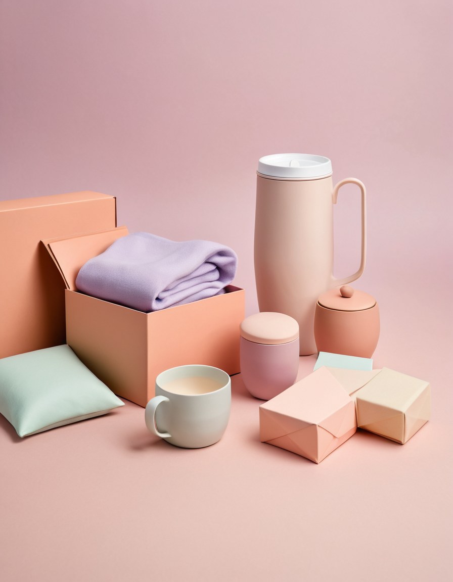 Caja de regalo abierta con taza y sudadera sobre manchas lila y durazno