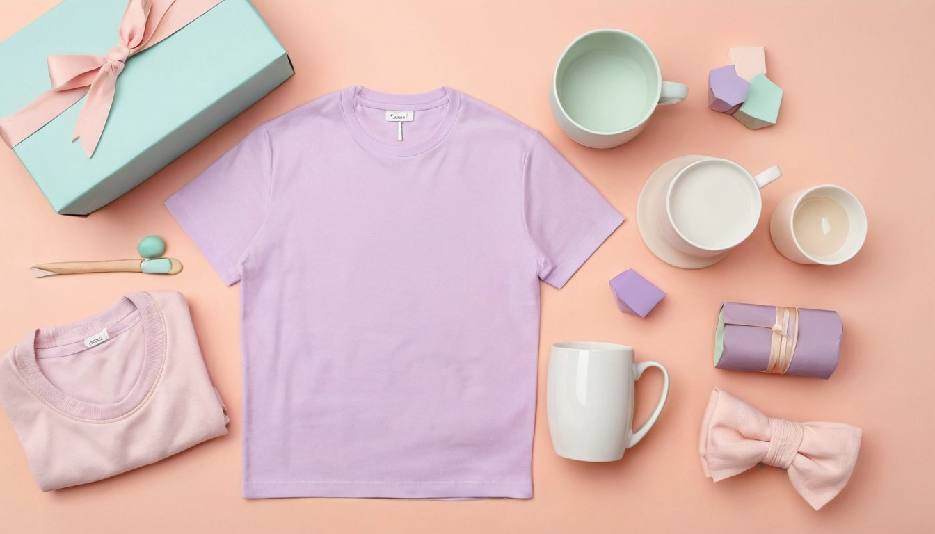 Mesa de trabajo con playera, sudadera, taza y un regalo envuelto listos para personalizar