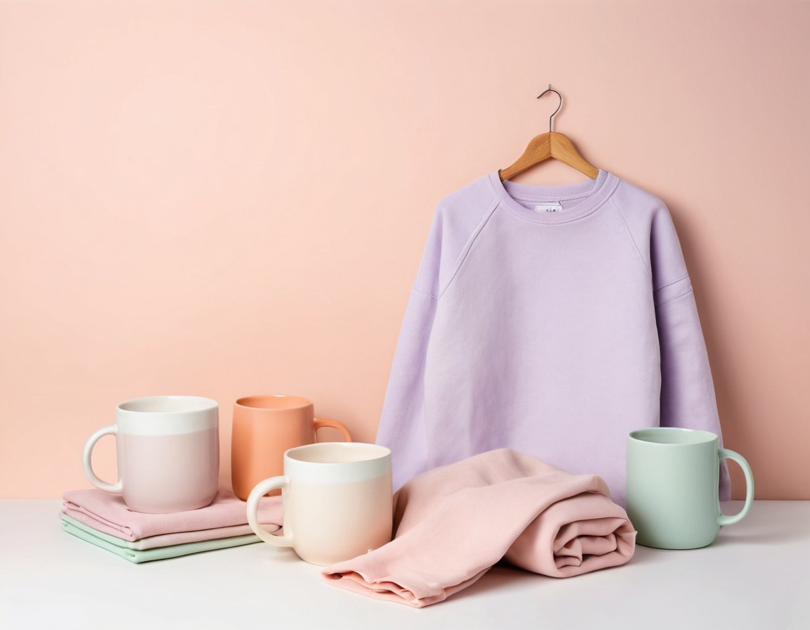 Taza, sudadera doblada y bolsa de tela como muestras de producto