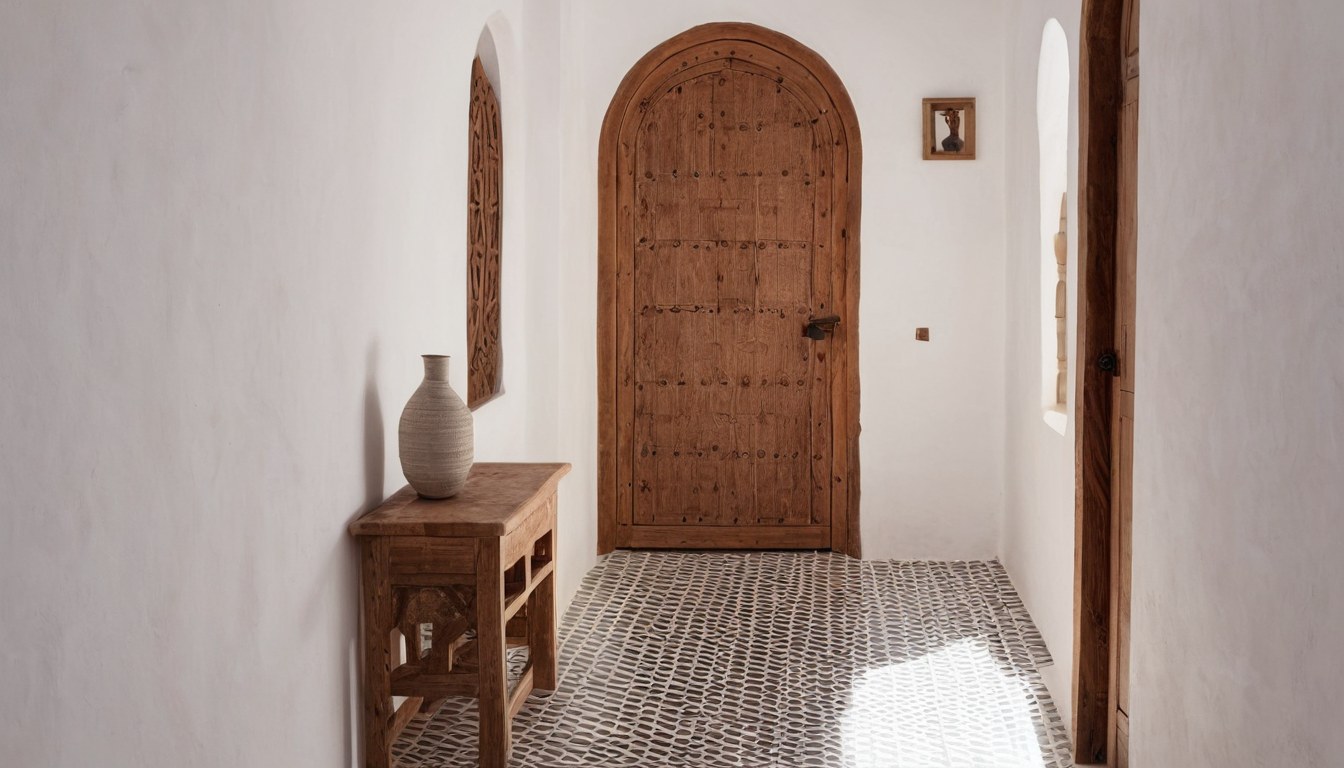 Entrada con umbral en arco y piso de azulejo bajo la luz de la tarde