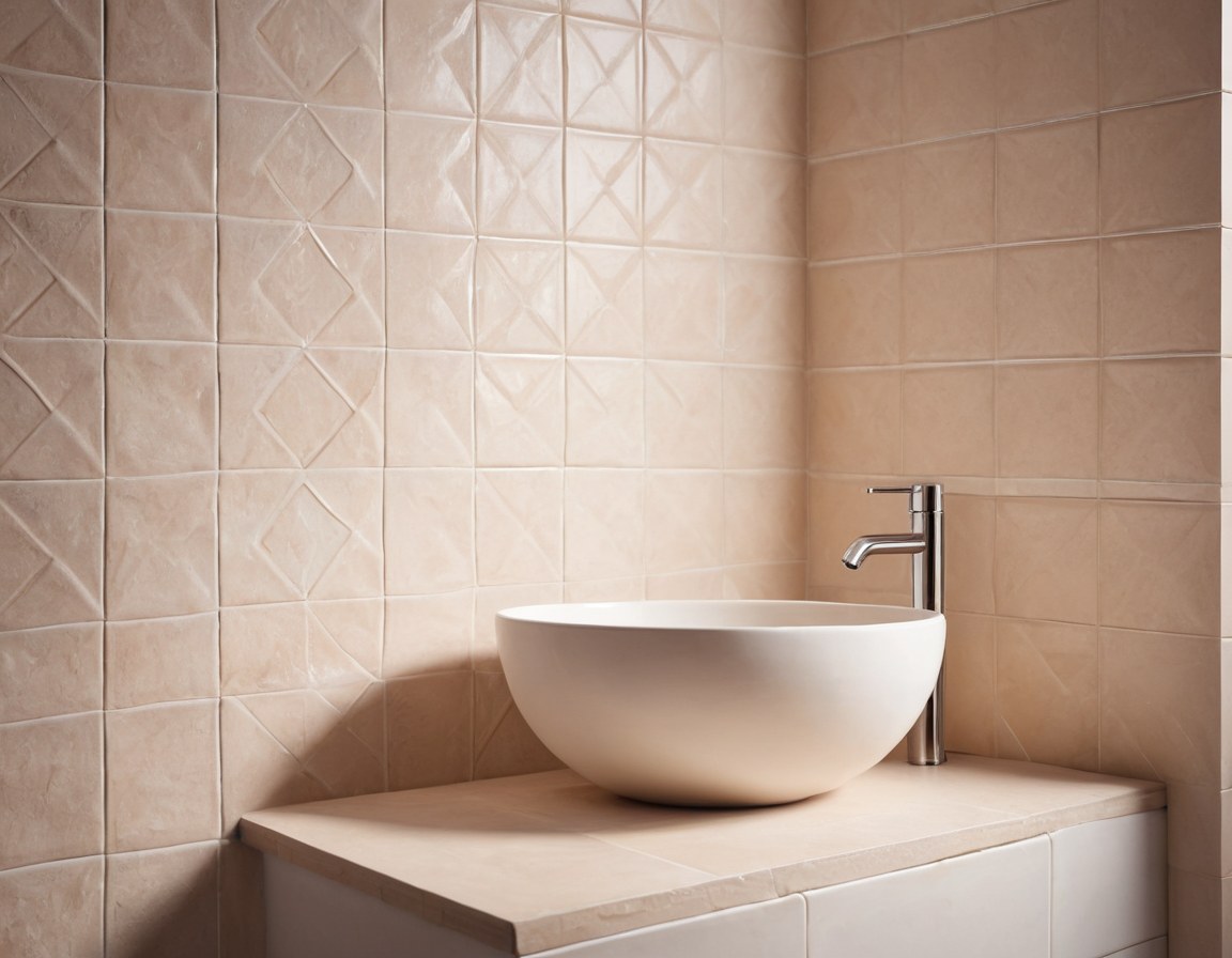 Rincón de baño con azulejo artesanal en muro y lavabo de piedra