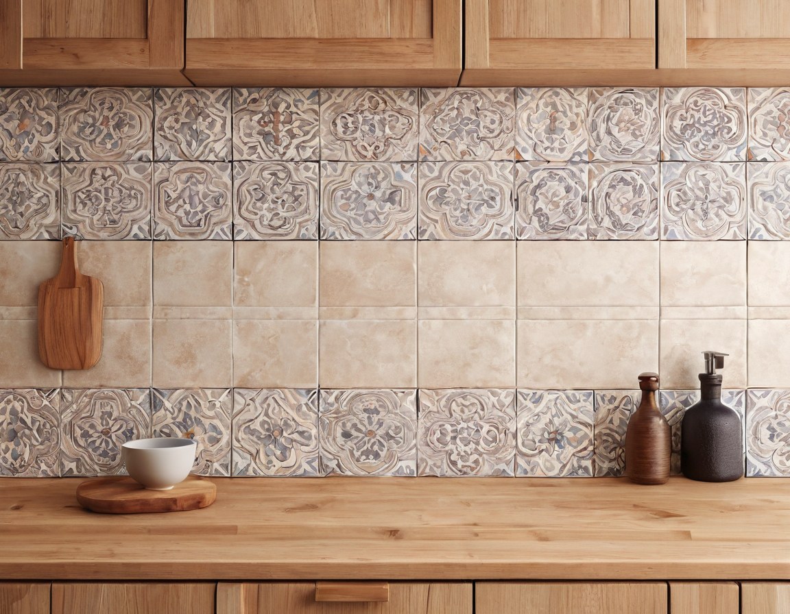 Salpicadero de cocina cubierto con azulejo hecho a mano sobre barra de madera