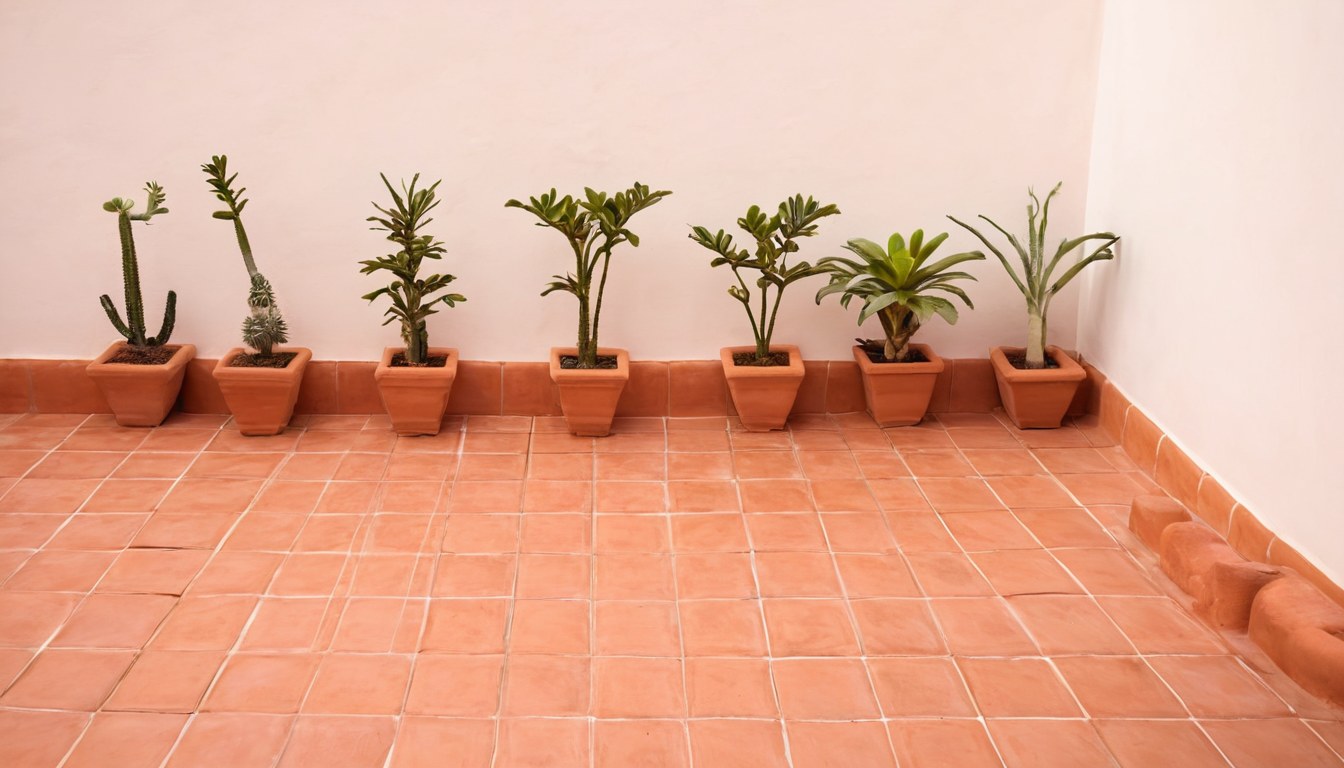 Patio terminado con piso de mosaico geométrico y muros de aplanado claro