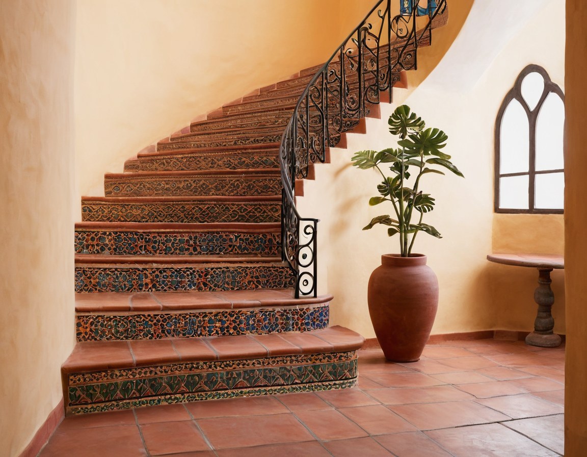 Escalera con peraltes de azulejo estampado bajo un arco en penumbra