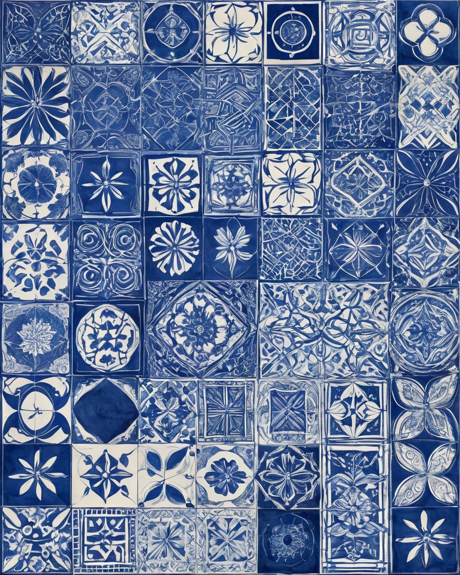 Mural en tinta azul con trazos de despiece de azulejo, arcos y módulos de colocación