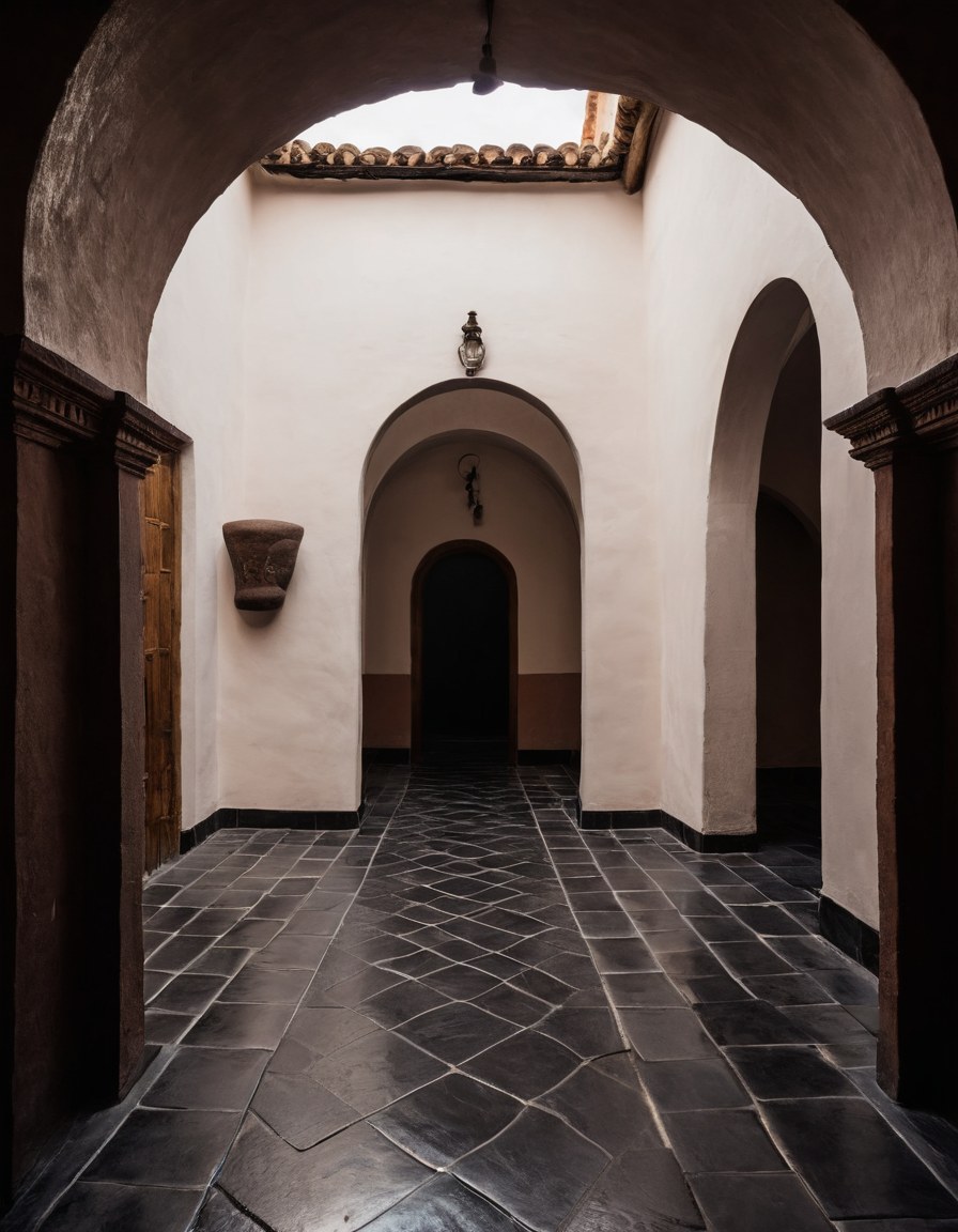 Arco de cantera abierto a un taller de colocación de azulejo con piso reflejante