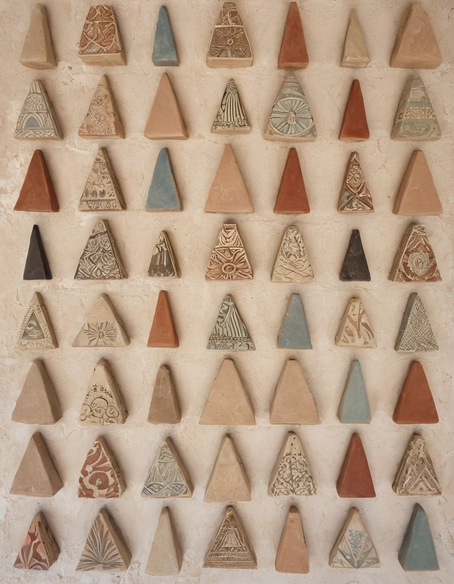 Repisa con especímenes de azulejo geométrico y fragmentos de aplanado