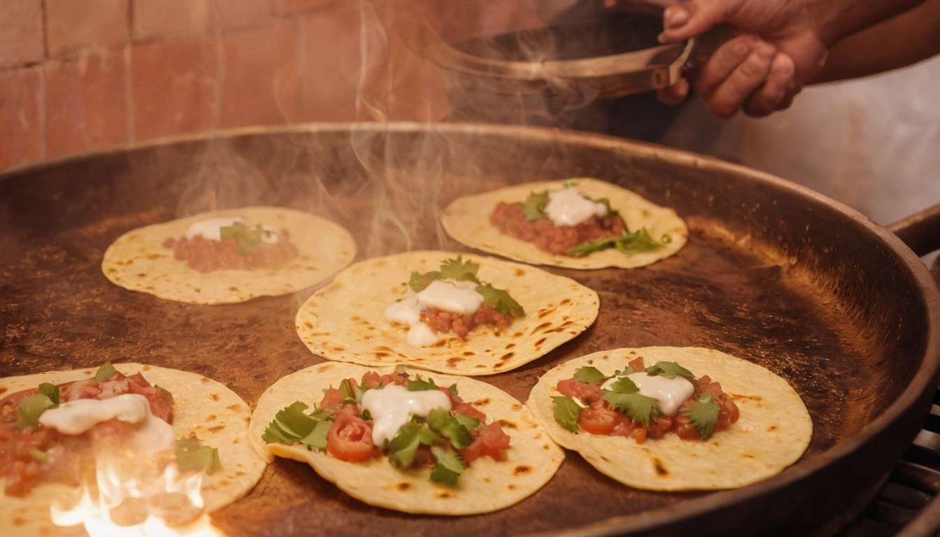 Tacos frescos preparándose al comal en Ciudad de México