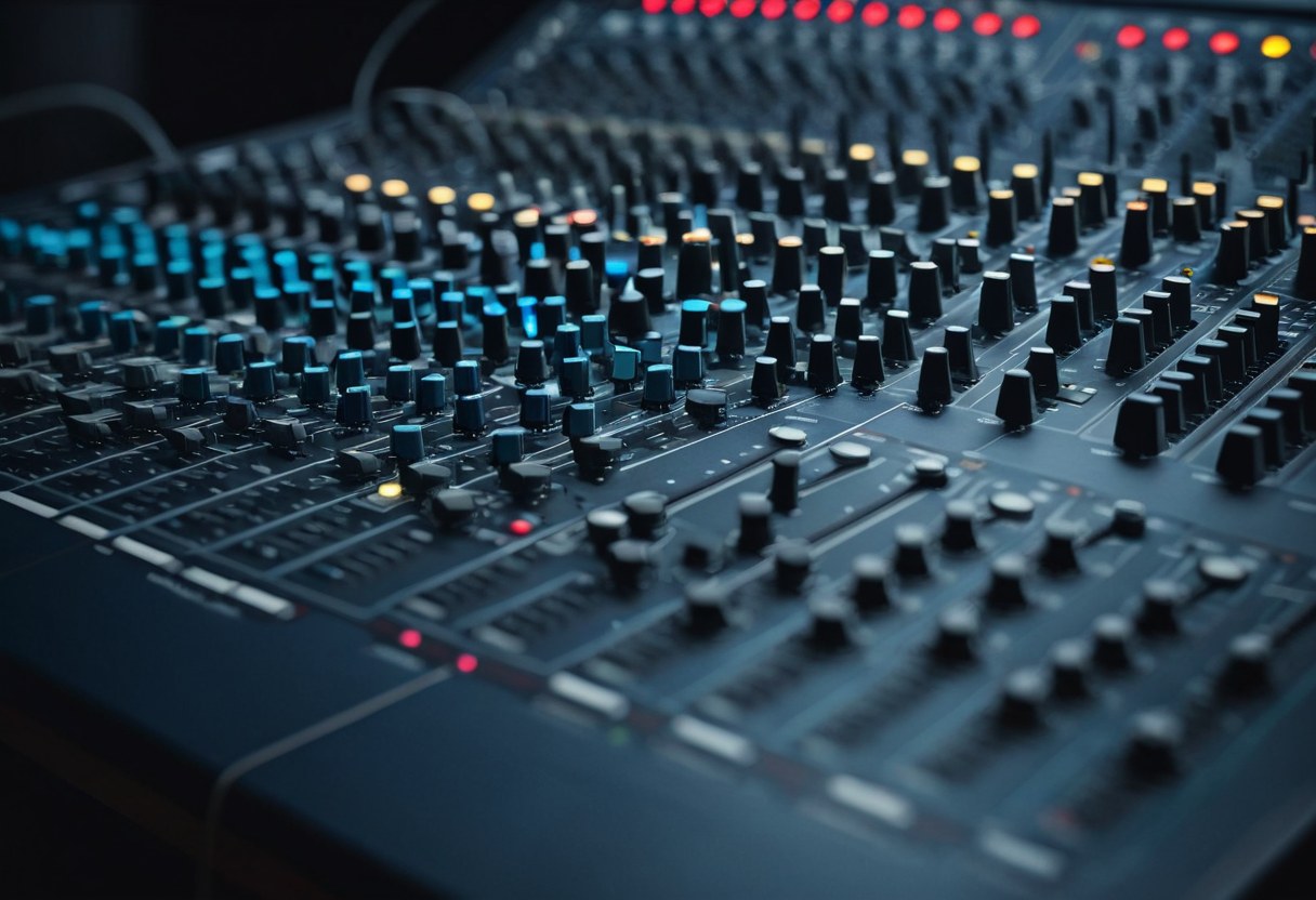 Consola de grabación con hileras de faders y sombras de cable
