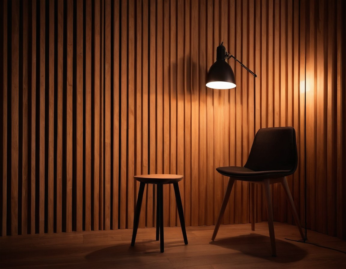 Muro de trampas acústicas con una silla y una lámpara encendida
