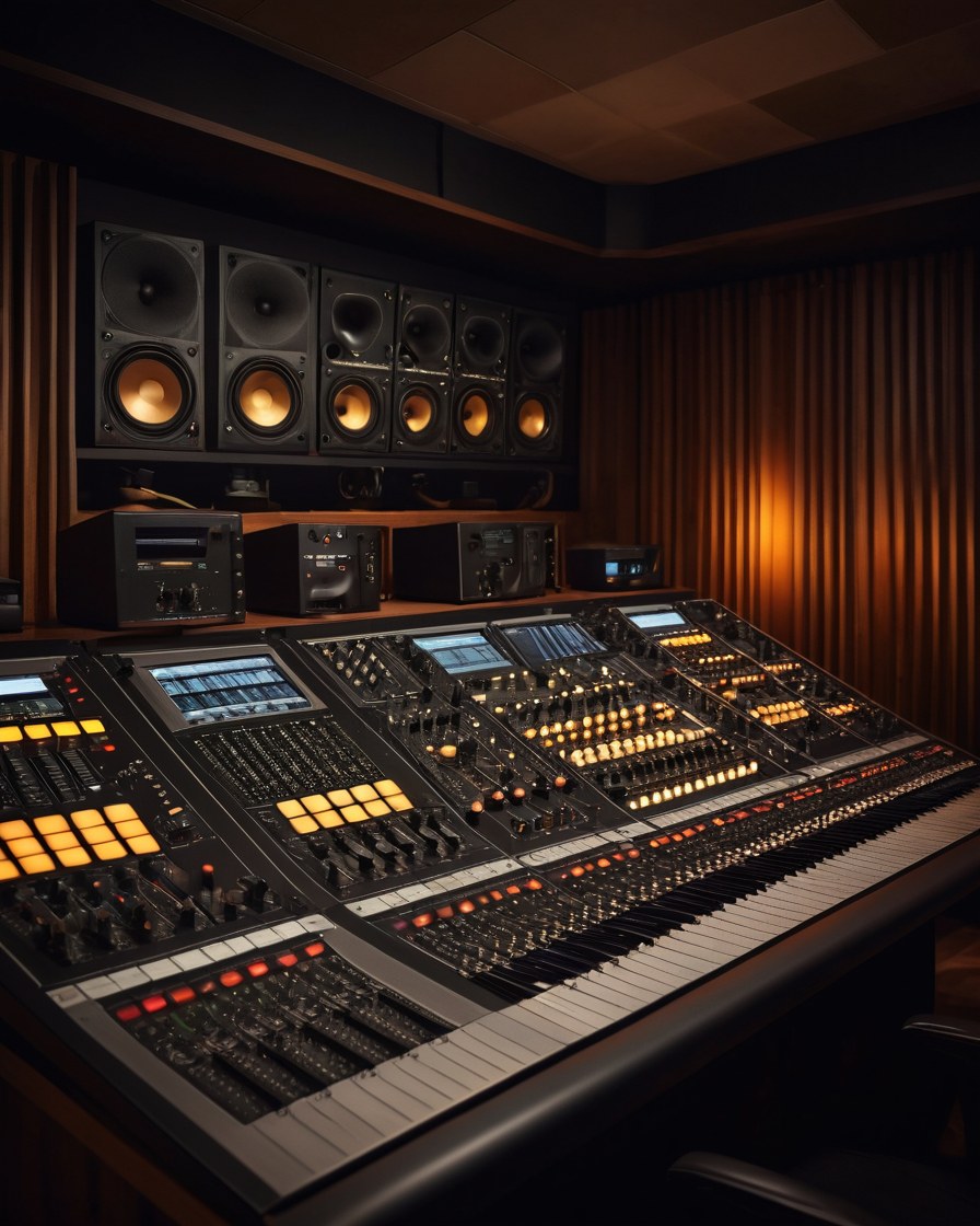 Cuarto de control del estudio visto desde arriba, con paneles acústicos y consola