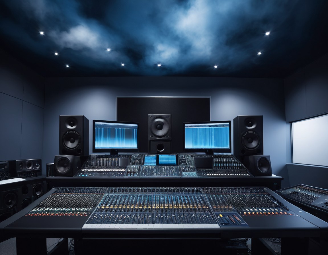 Mesa de mezcla y monitores bajo la nube acústica del cuarto de control