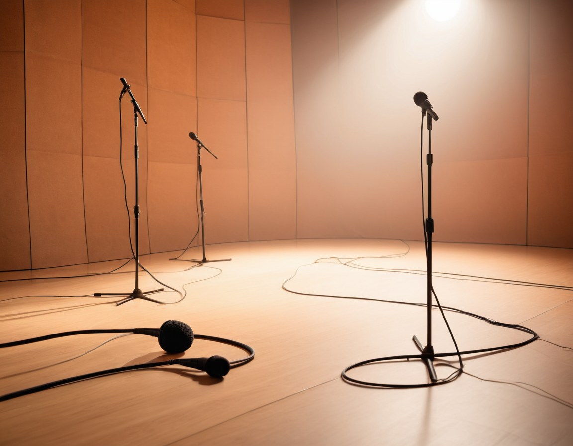 Piso del estudio con cables ordenados y atriles junto a paneles acústicos