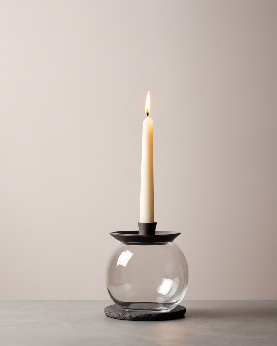 Candelero escultórico de vidrio transparente sobre repisa de piedra