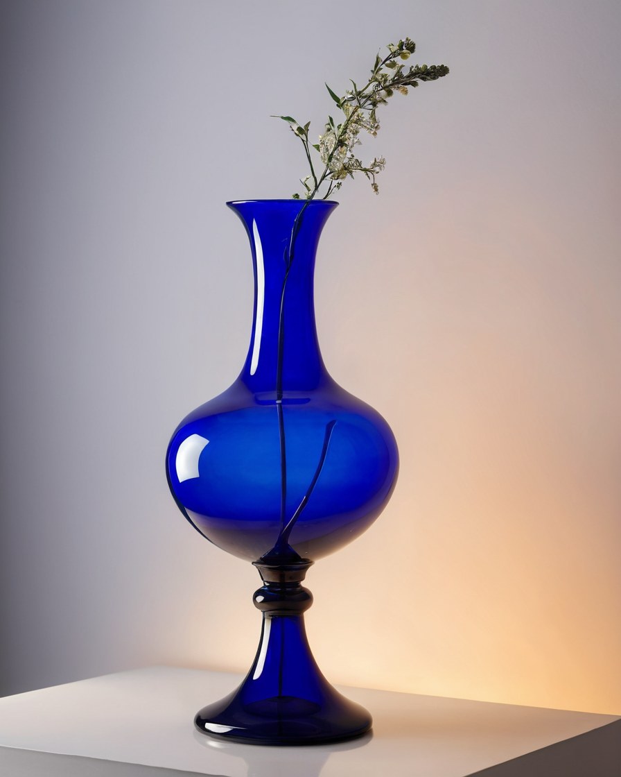 Jarrón de vidrio soplado azul cobalto sobre pedestal mate