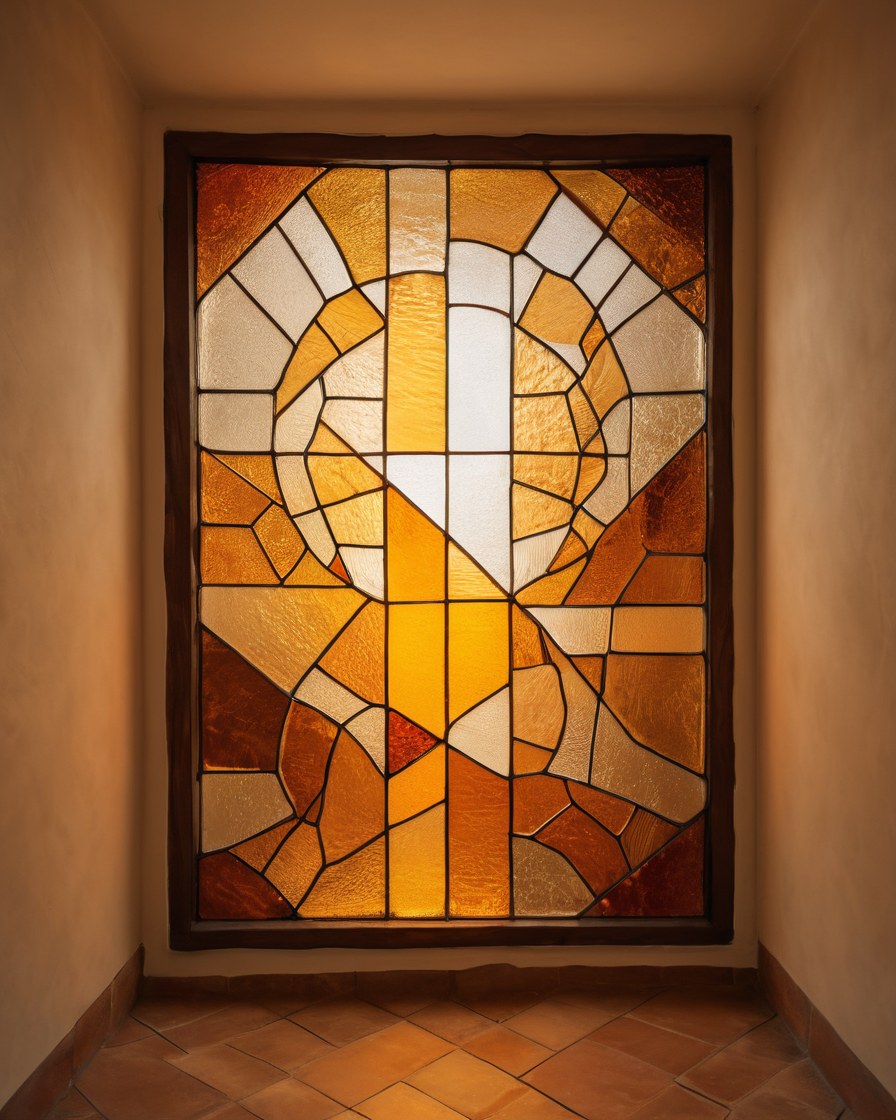 Vitral emplomado ámbar recibiendo luz de tarde en un interior