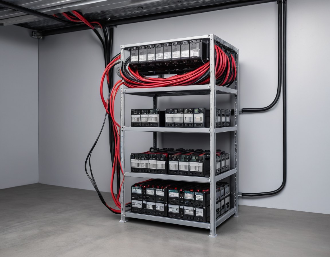 Banco de baterías en rack metálico con su cableado de corriente directa a la vista