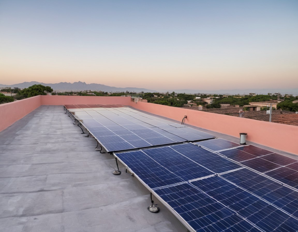 Arreglo de módulos solares sobre la losa de una casa, con el pretil pintado y la ciudad al fondo