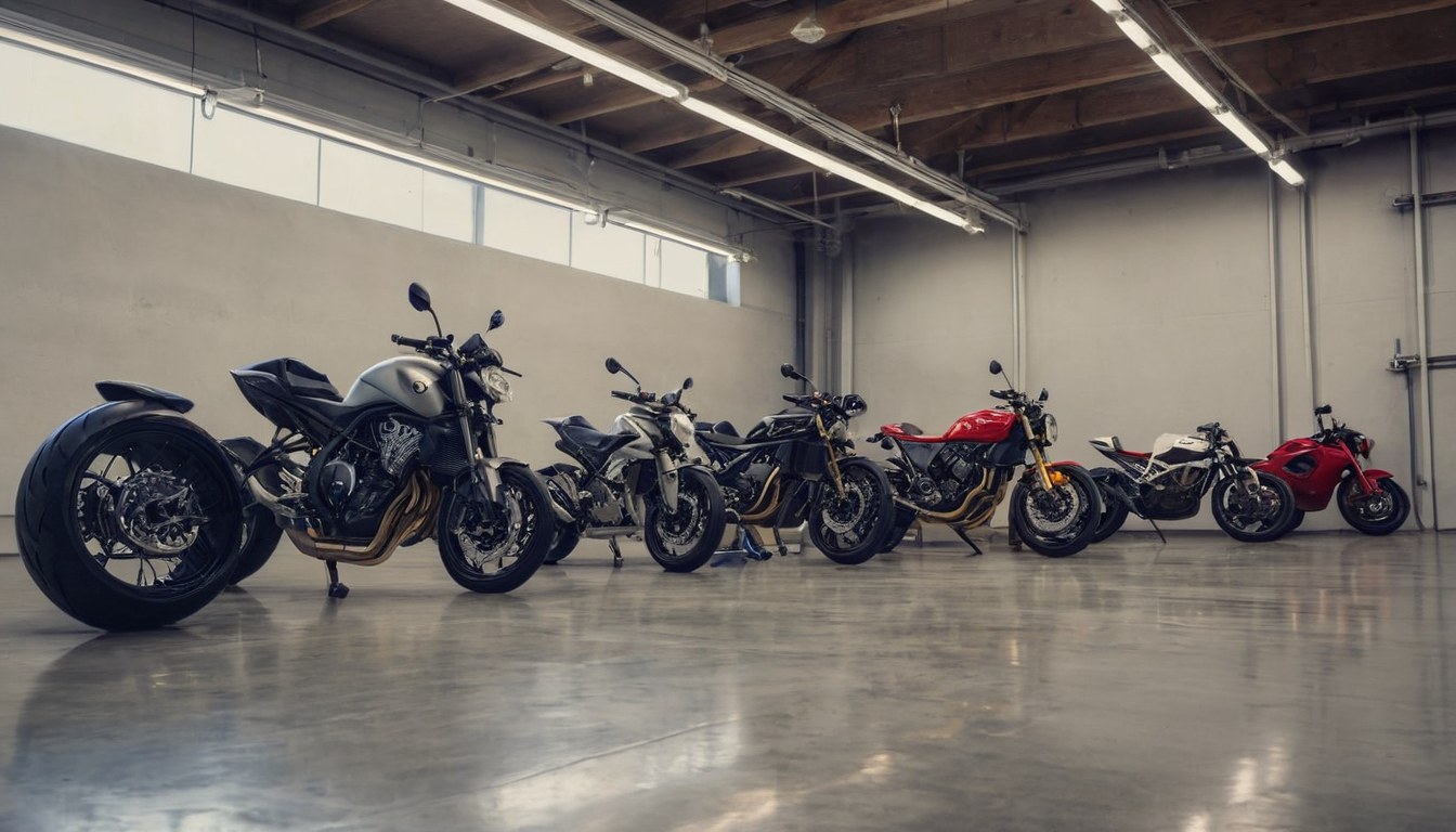 Fila de motocicletas estacionadas dentro del taller sobre piso de concreto pulido