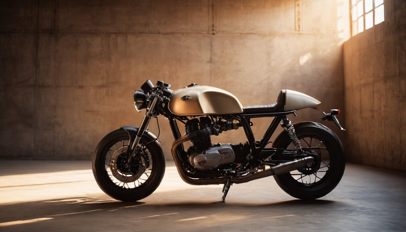 Motocicleta cafe racer de perfil en una bahía de taller con luz cálida