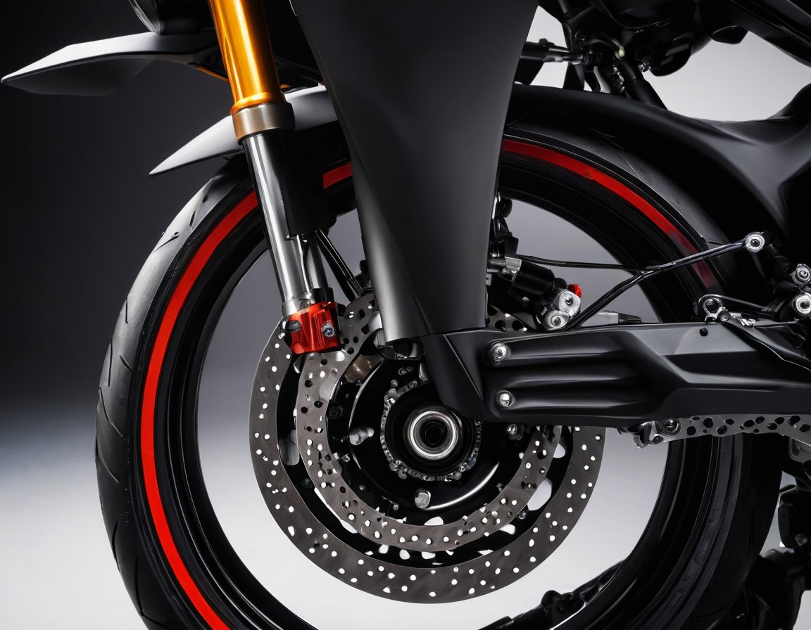 Detalle de la rueda delantera, el disco de freno y el carenado mate de una motocicleta