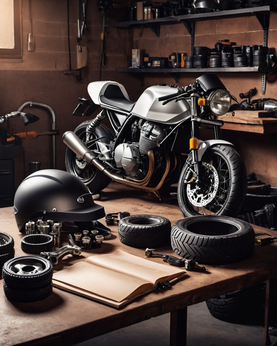 Banco de trabajo de taller de motos con una llanta, un casco y piezas de precisión