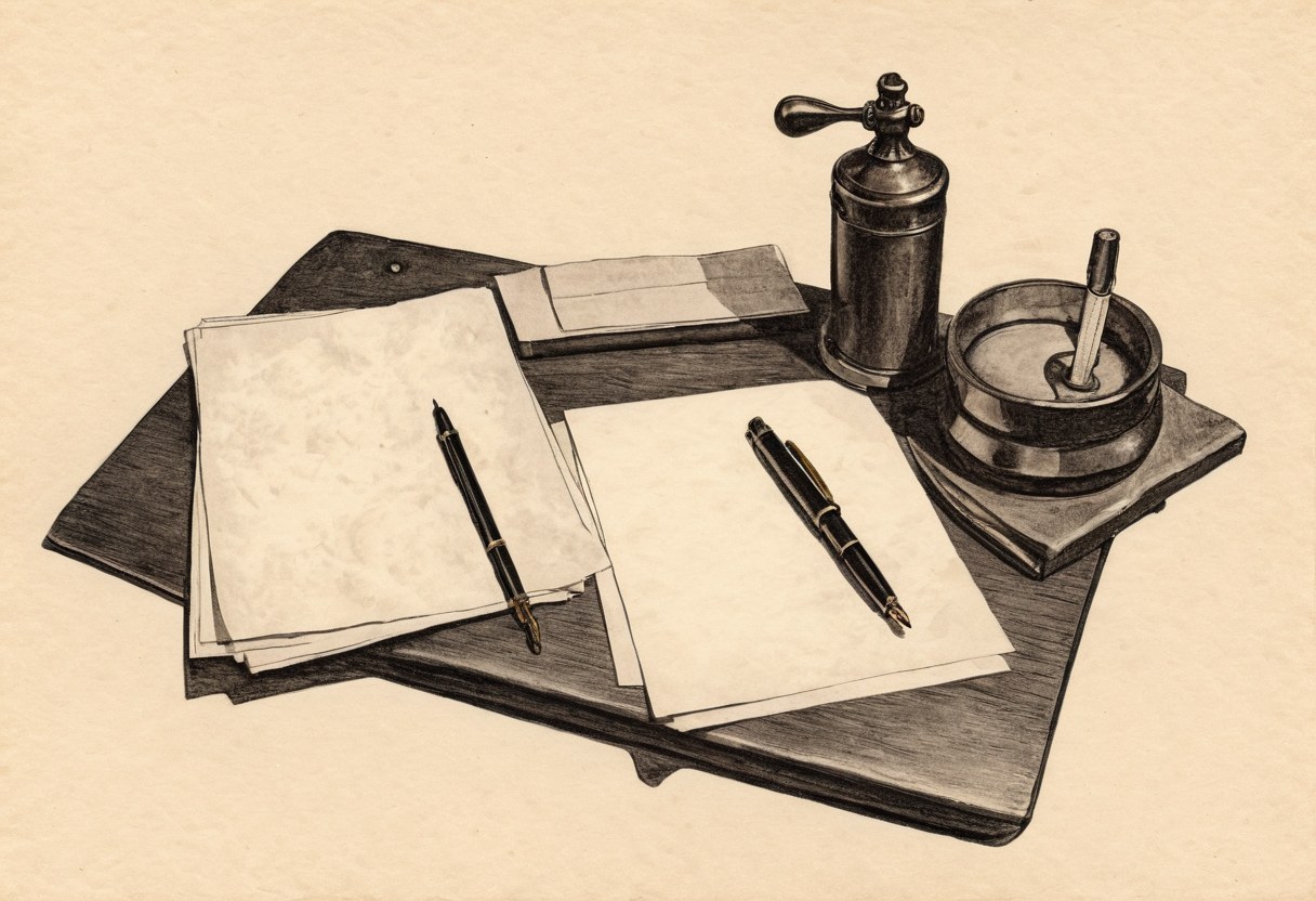 Escritorio con folder, pluma fuente y lámpara de latón