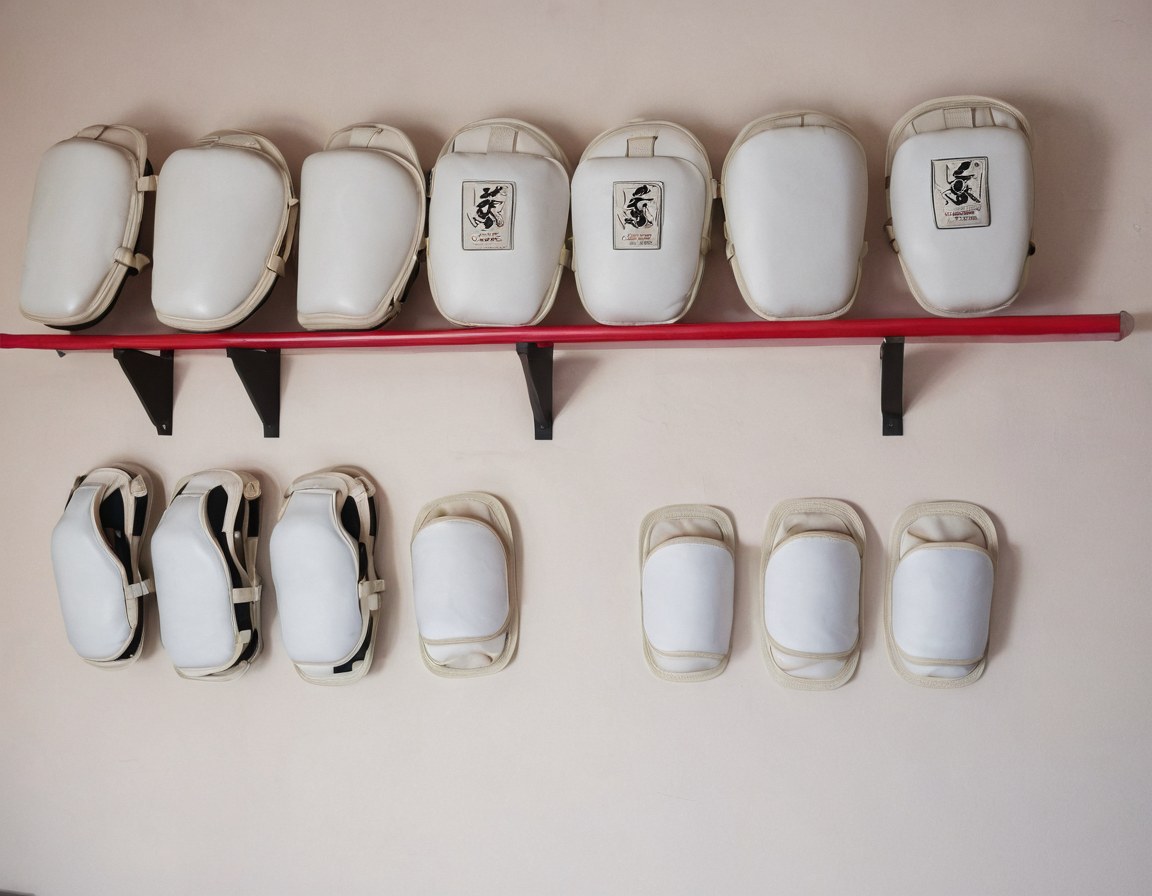 Muro con petos y paos de entrenamiento colgados en orden