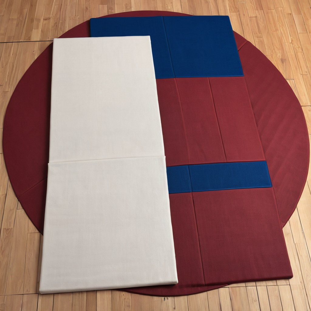 Vista cenital del tatami con protecciones acomodadas y un dobok doblado