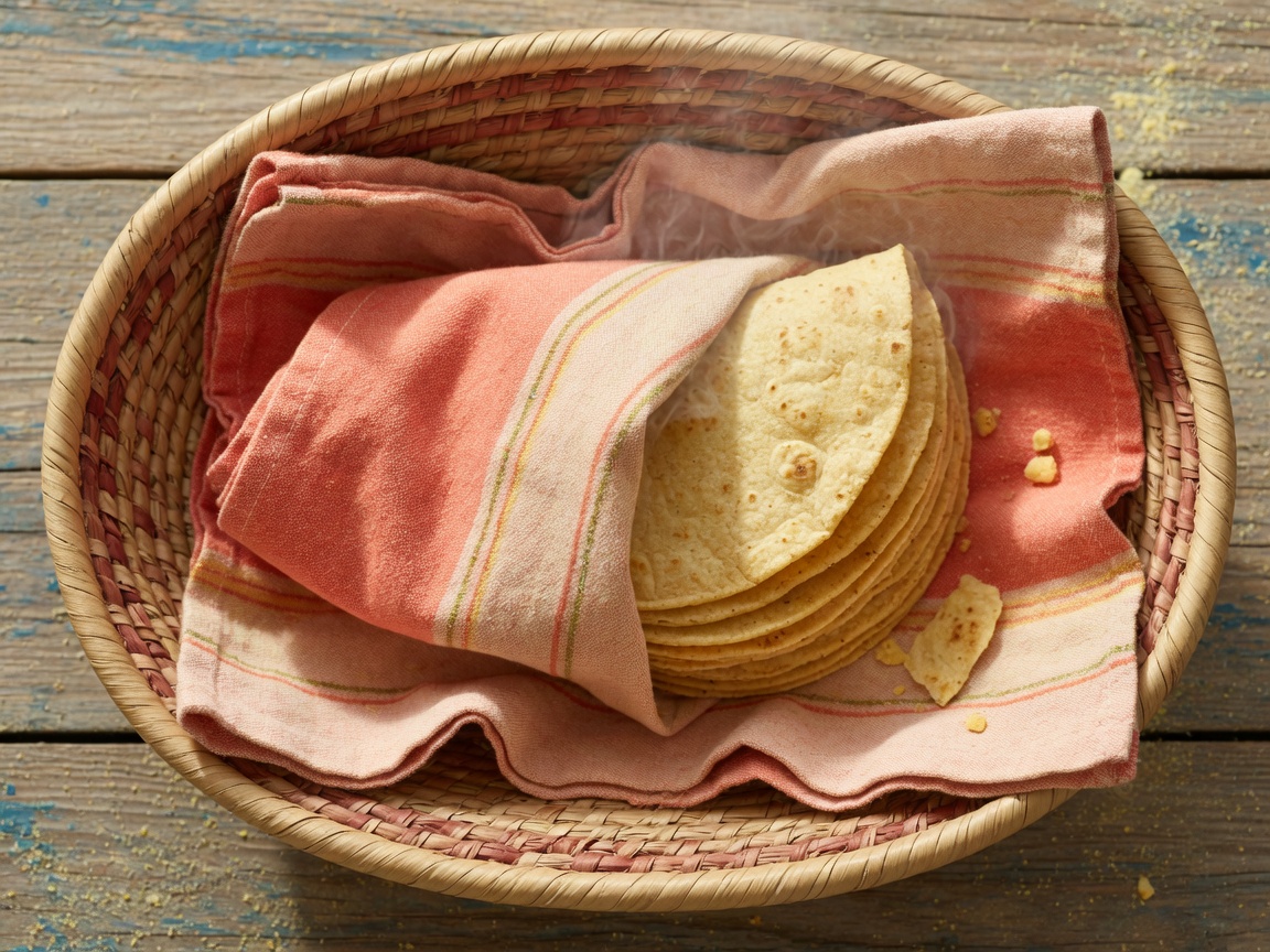 Tortillas de maíz envueltas en una servilleta de tela dentro de una canasta