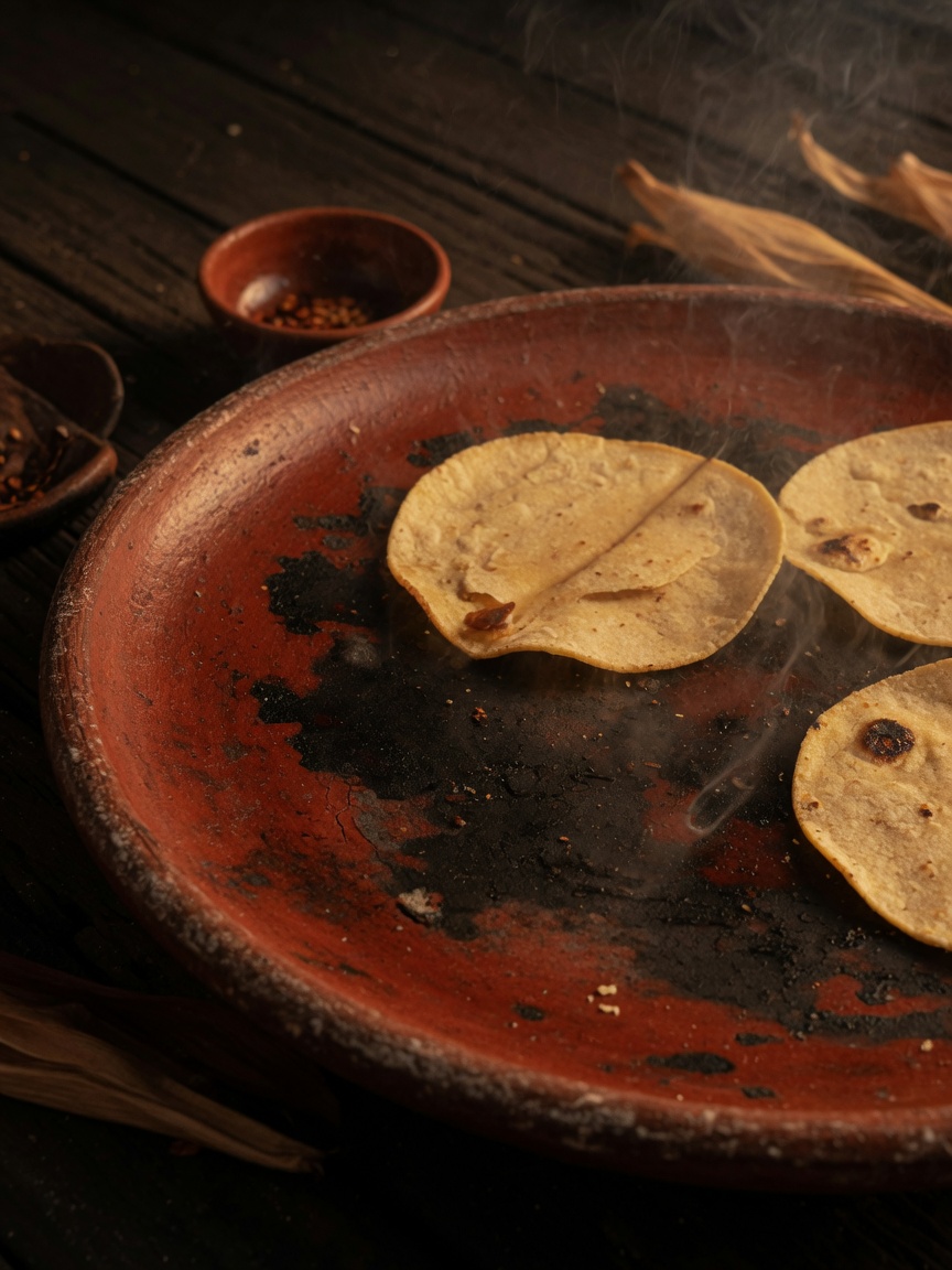 Comal de barro curado con tortillas calentándose encima