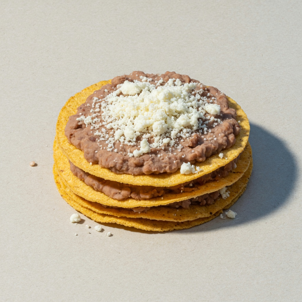 Torre de tostadas de maíz con frijoles y queso encima