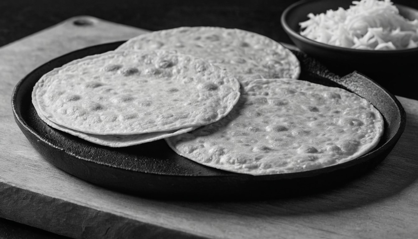 Superficie de comal de hierro con una torre de tortillas encima